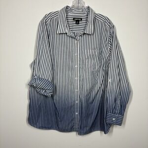 Lands End Women Ombre Striped Button Up Top Size 2X Blue White Coastal Preppy